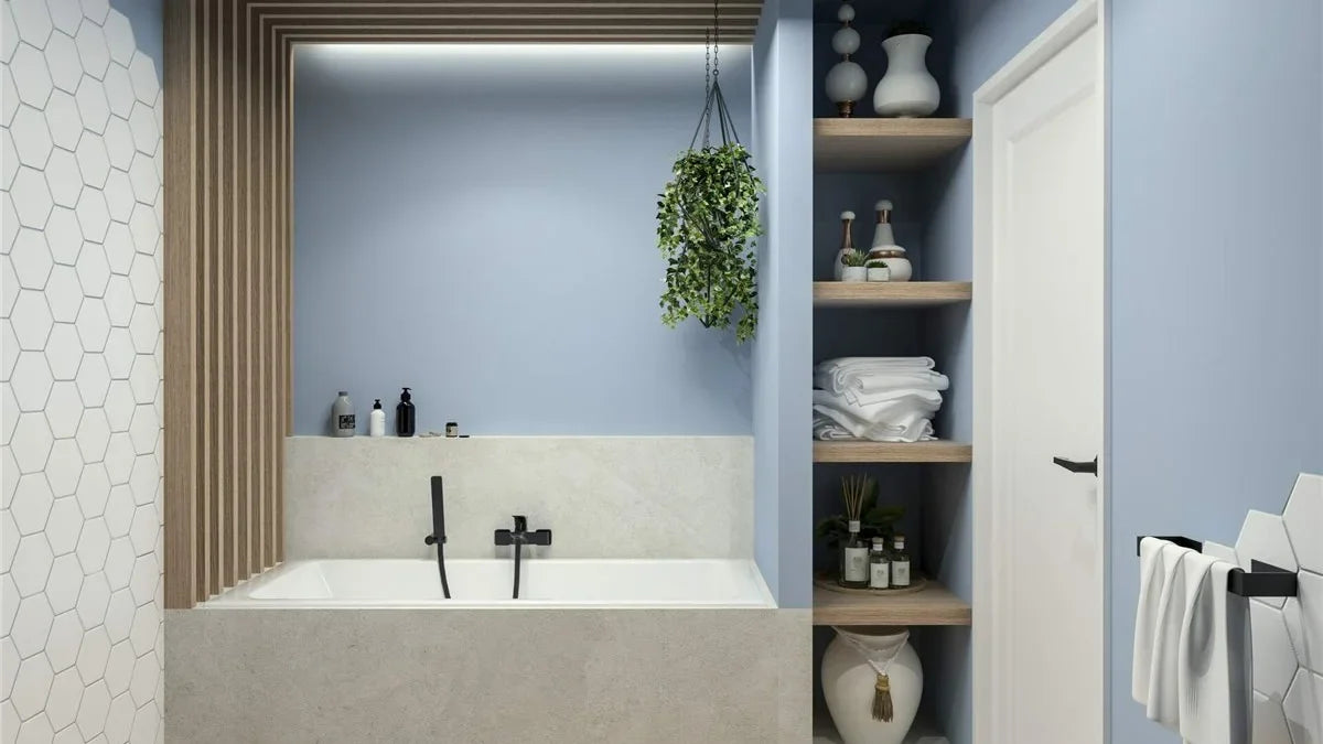 Modernes Badezimmer mit Badewanne in einer Mietwohnung