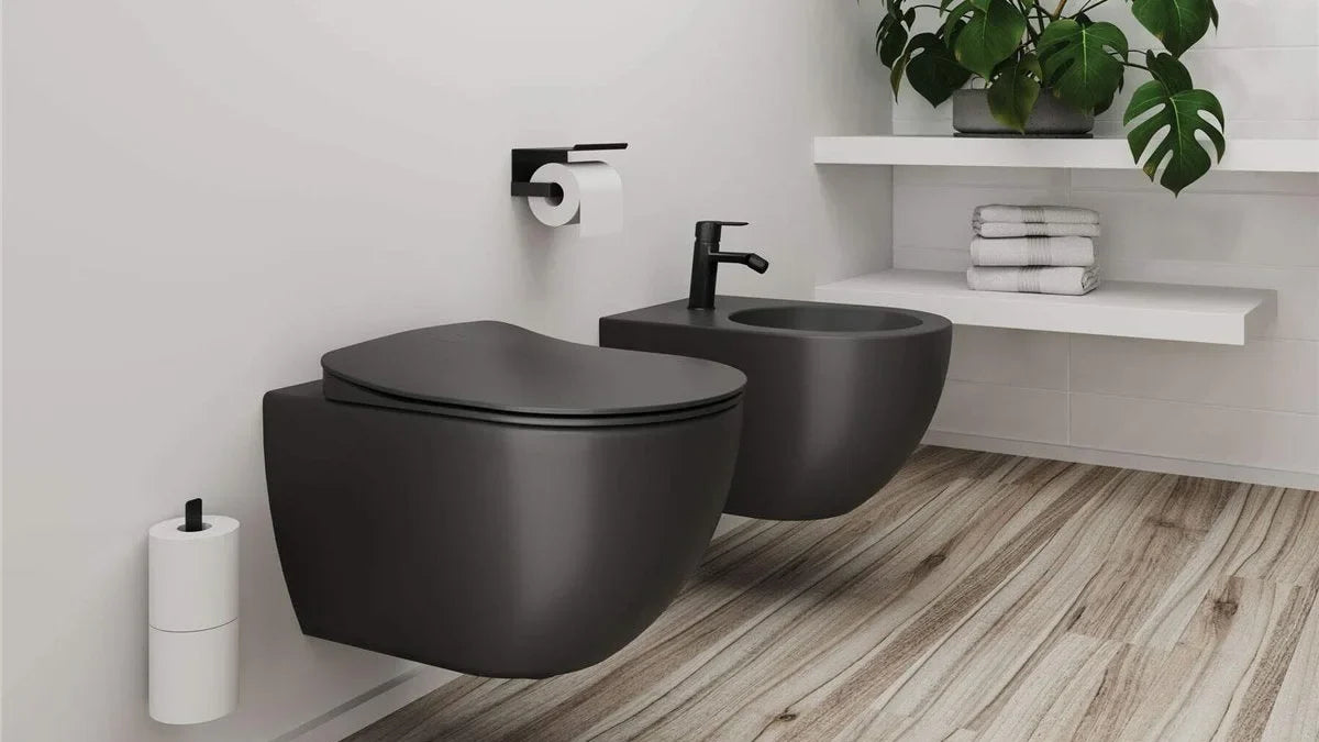 Schwarzes Wand-WC und Bidet im Bad