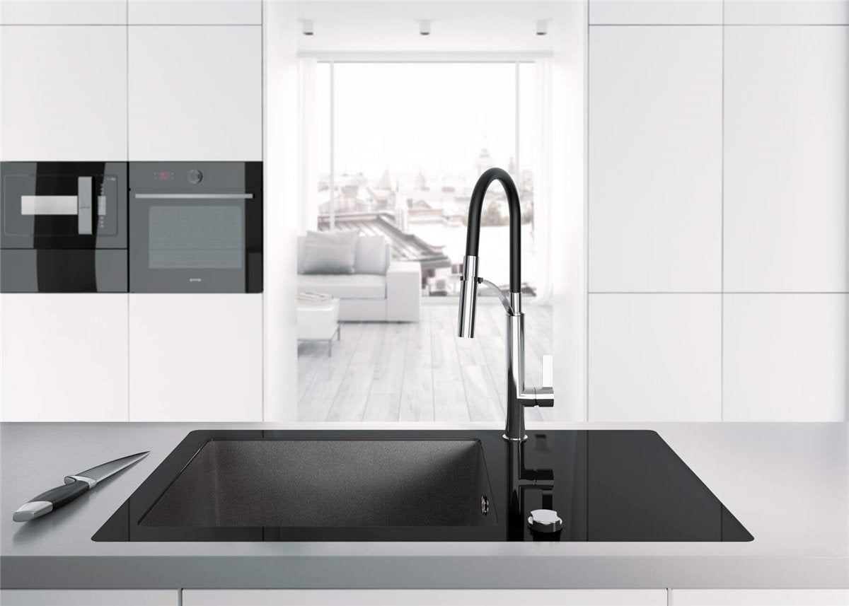 Deante Capella Glas-Granit-Spüle, 1-Becken mit Abtropffläche Grafik, Graphit Metallic