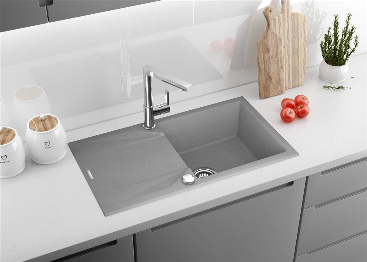 Deante Evora Granitspülbecken, 1-Becken mit Abtropffläche Grau metallic