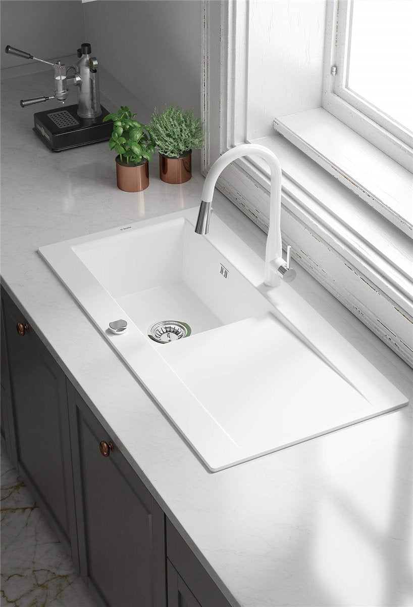 Deante Sabor Keramikspülbecken, 1-Becken mit Abtropffläche bianco