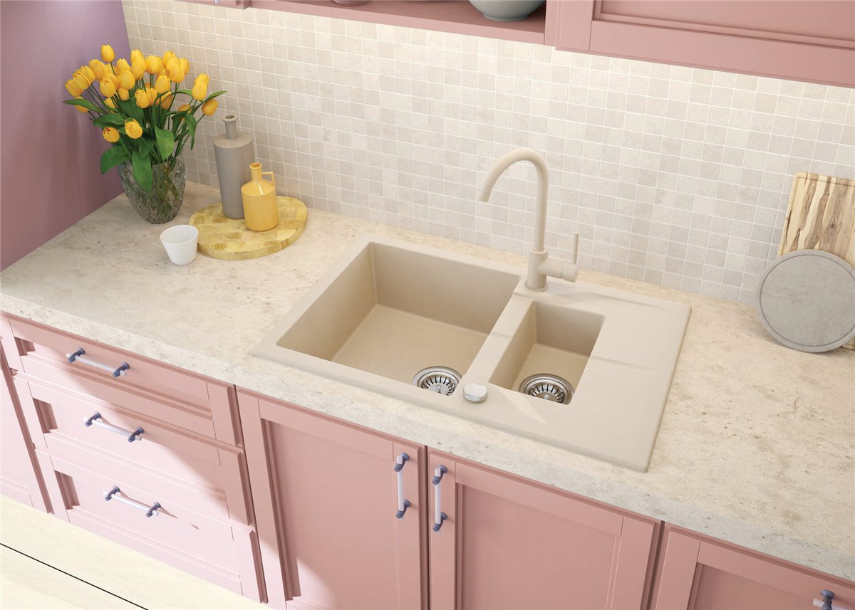 Deante Andante Granitspülbecken, 1.5-Becken mit Abtropffläche beige