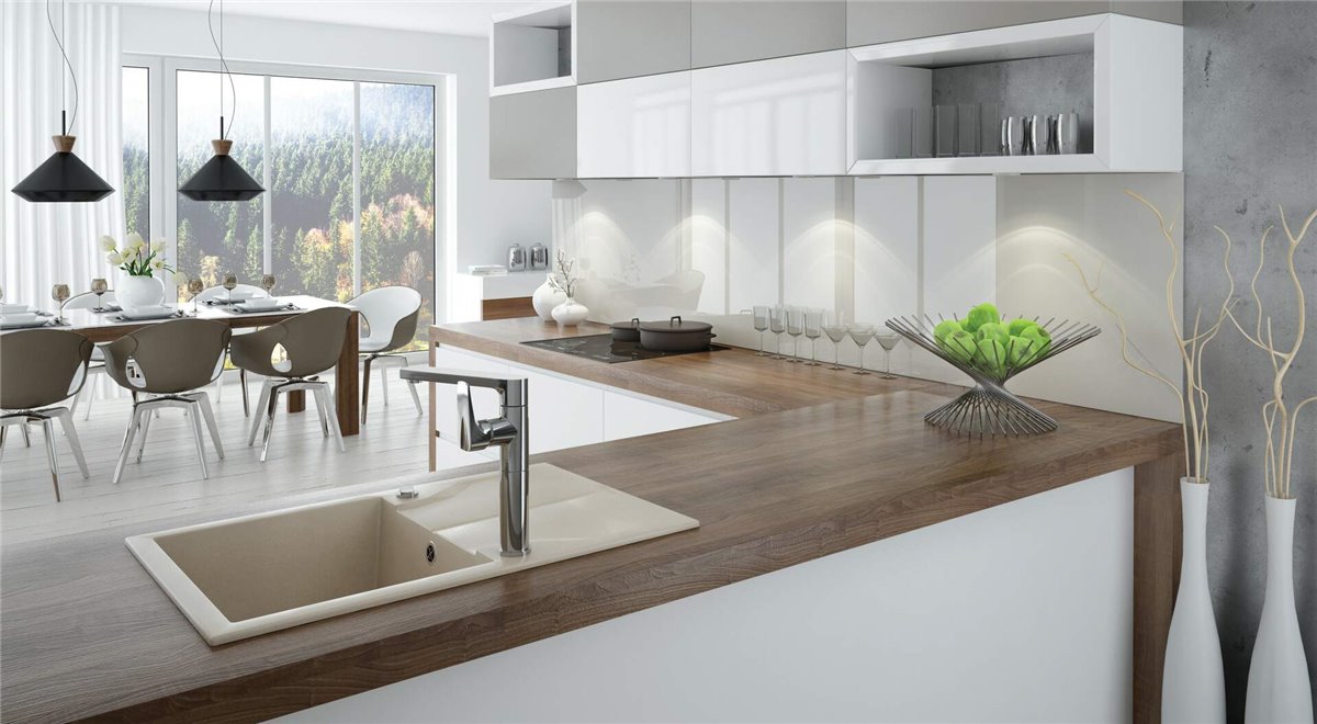 Deante Andante Granitspülbecken, 1-Becken mit Abtropffläche beige