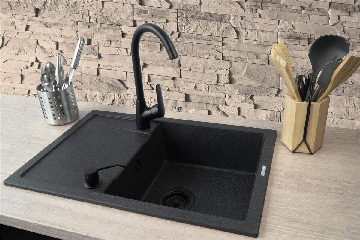 Deante Corio Granitspülbecken mit Armatur, 1-Becken mit Abtropffläche - mit Spender Graphit