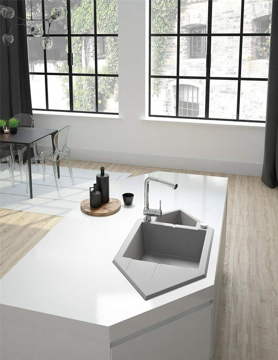 Deante Hexon Granitspülbecken, 1.5-Becken mit Abtropffläche - Space Saver Grau metallic