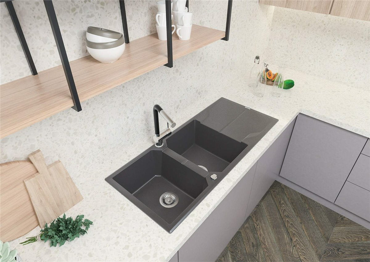 Deante Andante Granitspülbecken, 2-Becken mit Abtropffläche Sand