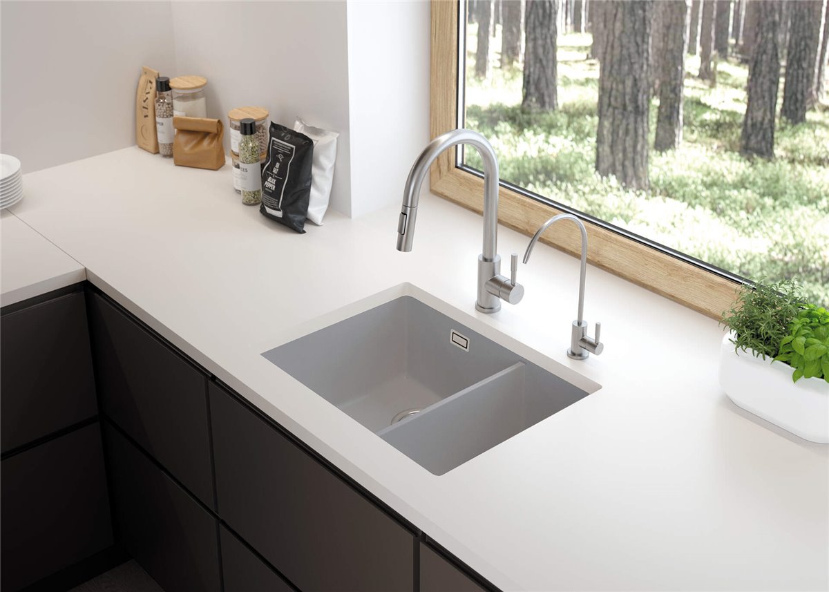 Deante Eridan Granitspülbecken, 1.5 Becken Grau metallic