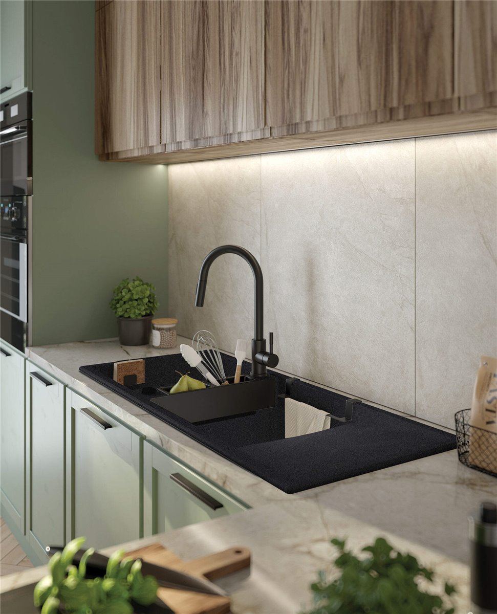 Deante Magnetic-Granitspülbecken, 2-Becken mit Abtropffläche Graphit Metallic