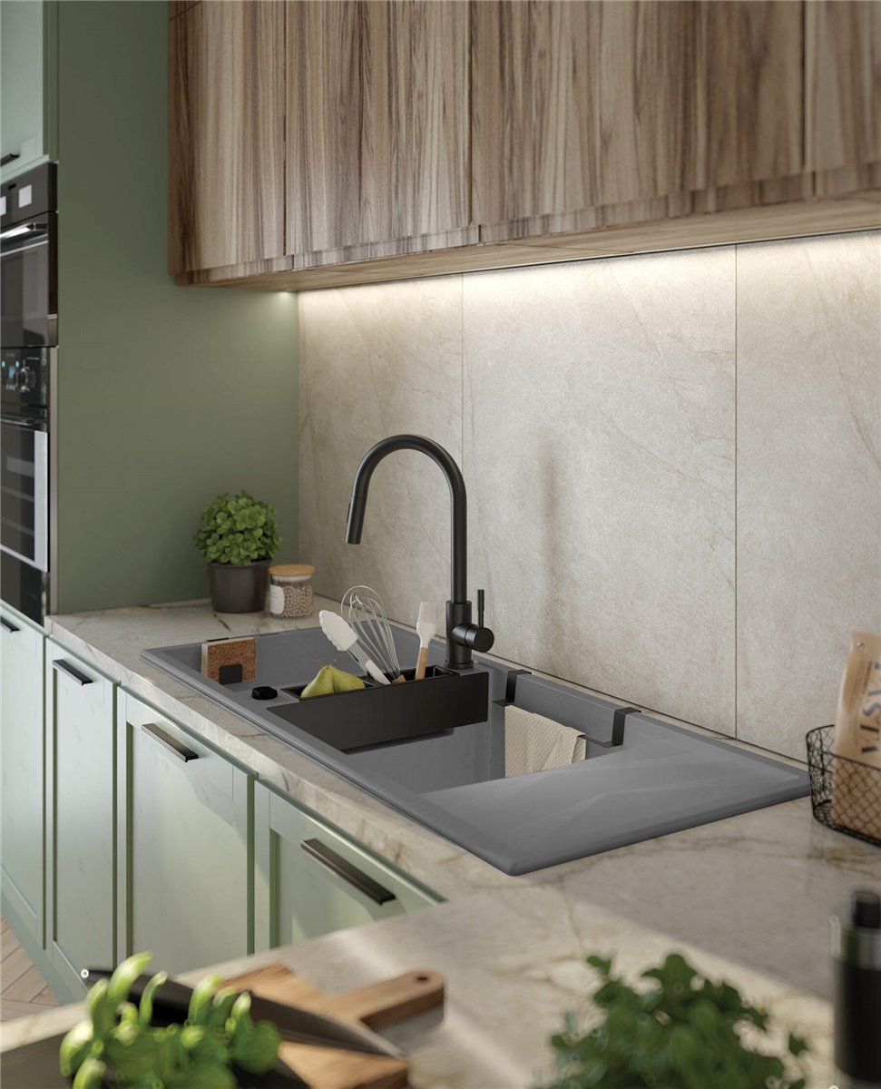 Deante Magnetic-Granitspülbecken, 2-Becken mit Abtropffläche Grau metallic