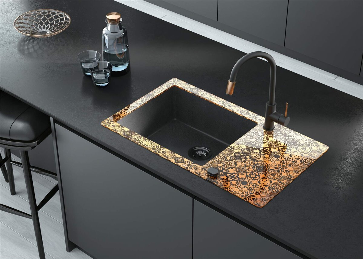 Deante Capella Precious Glas-Granit-Spüle, 1-Becken mit Abtropffläche Grafik, Graphit metallic