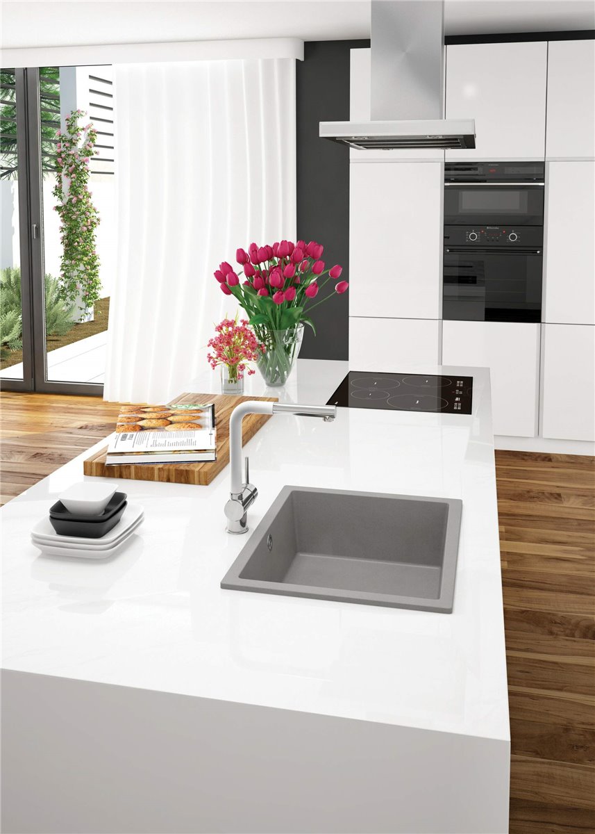 Deante Corda Granitspülbecken, 1-Becken, Unterbau Grau metallic