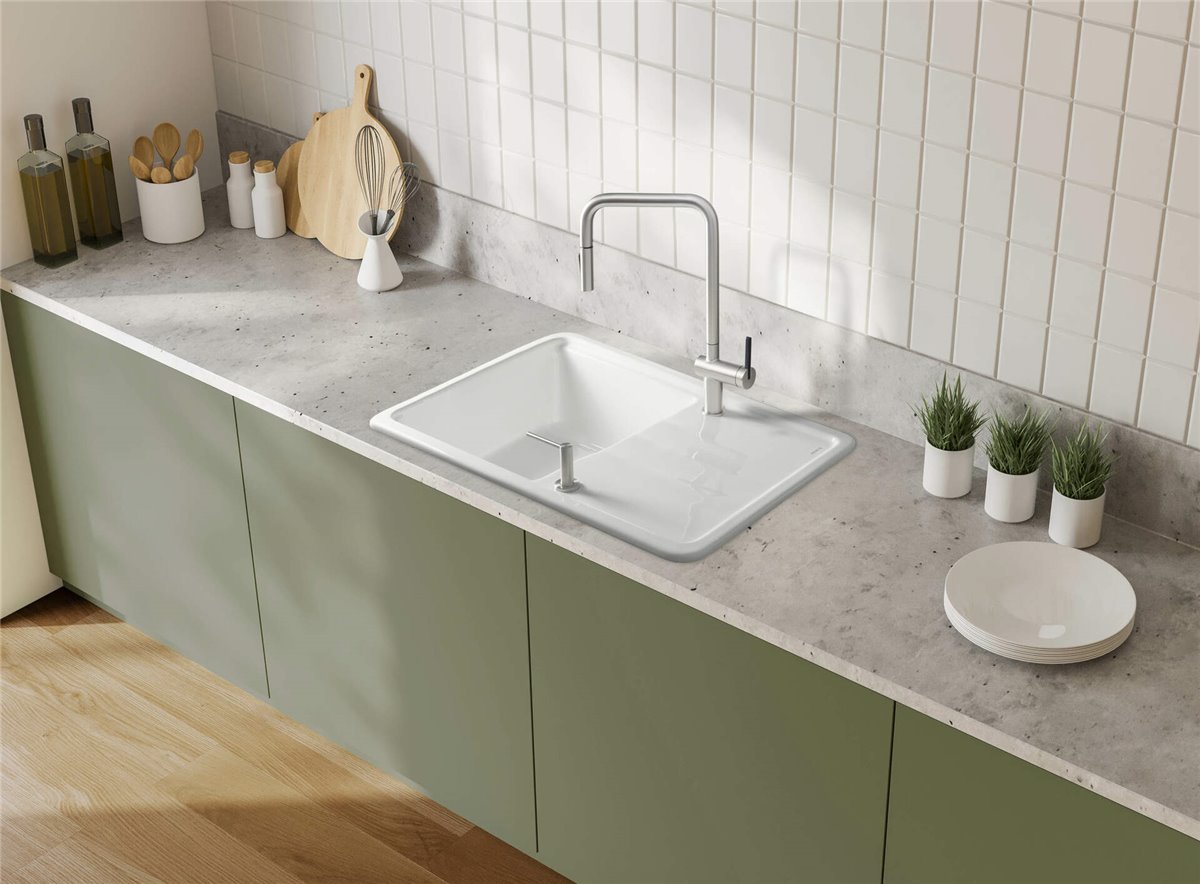 Deante Momi Keramikspülbecken, 1-Becken mit Abtropffläche weiß