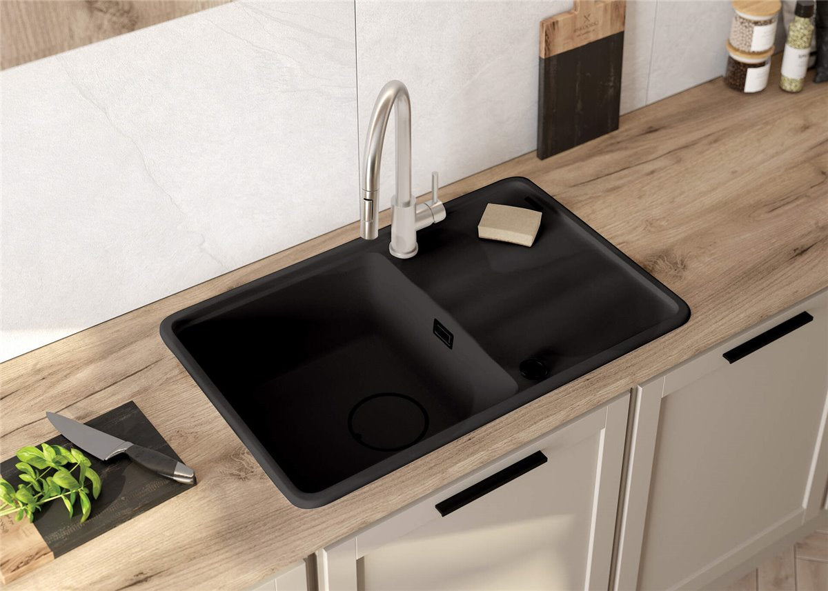 Deante Momi Granitspülbecken, 1-Becken mit Abtropffläche Graphit Metallic