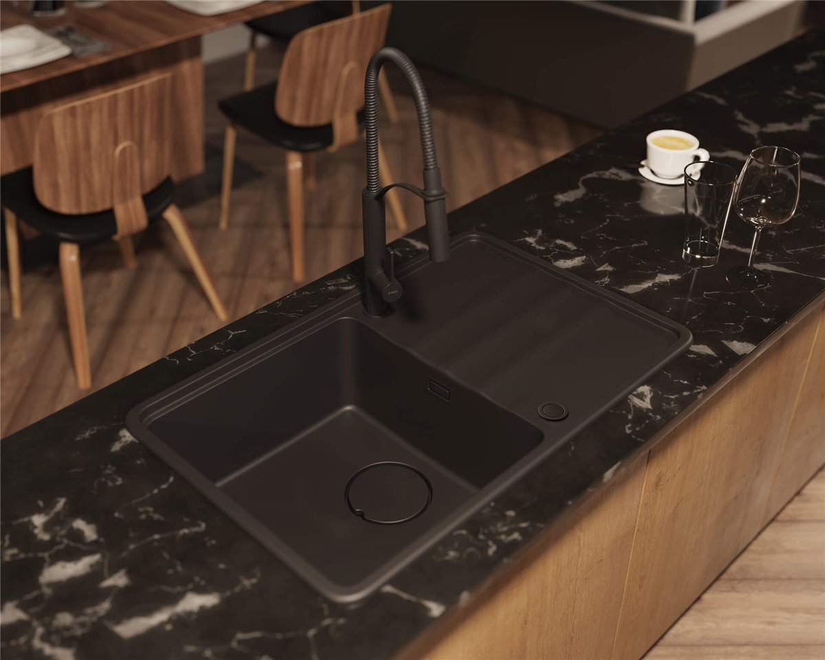 Deante Momi Granitspülbecken, 1-Becken mit Abtropffläche Graphit Metallic
