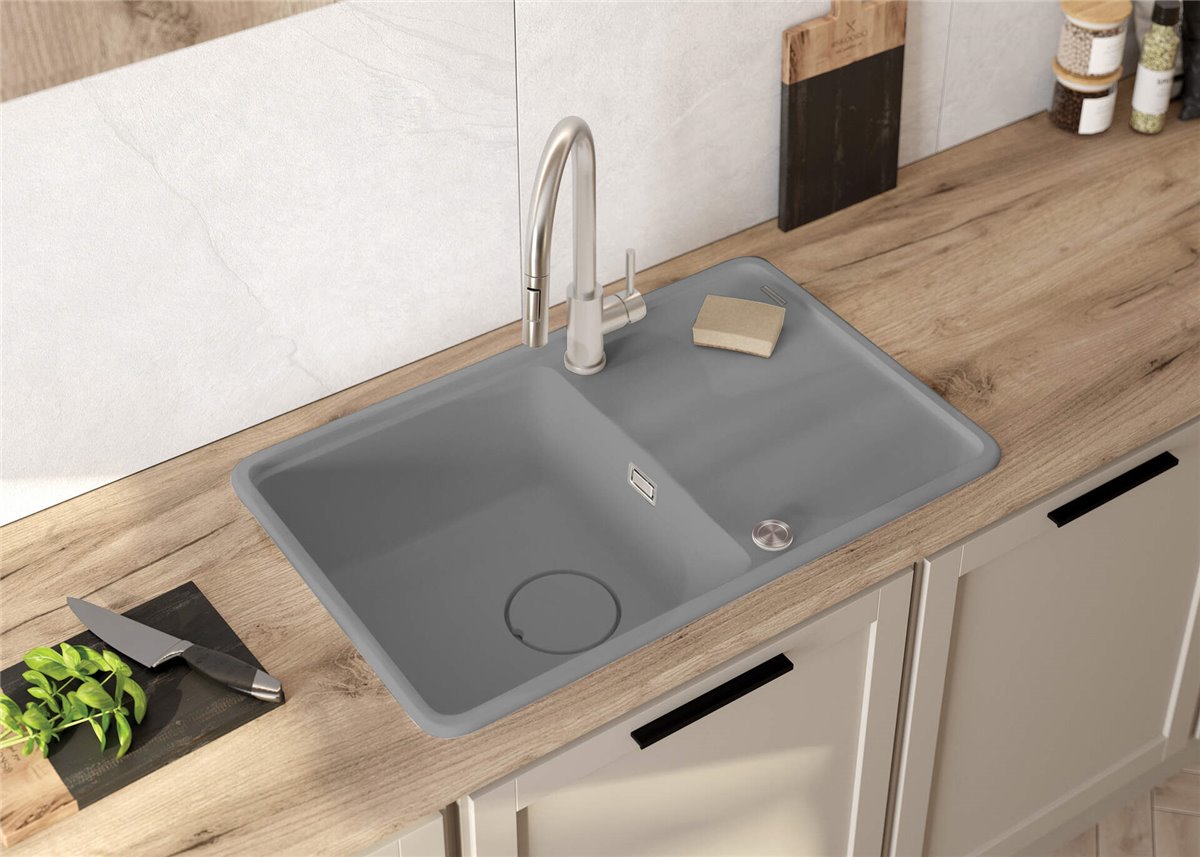 Deante Momi Granitspülbecken, 1-Becken mit Abtropffläche Grau metallic