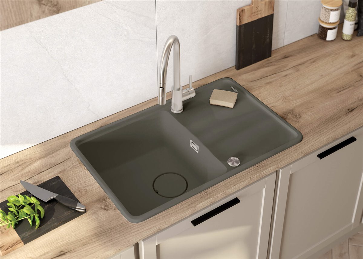 Deante Momi Granitspülbecken, 1-Becken mit Abtropffläche Anthrazit Metallic