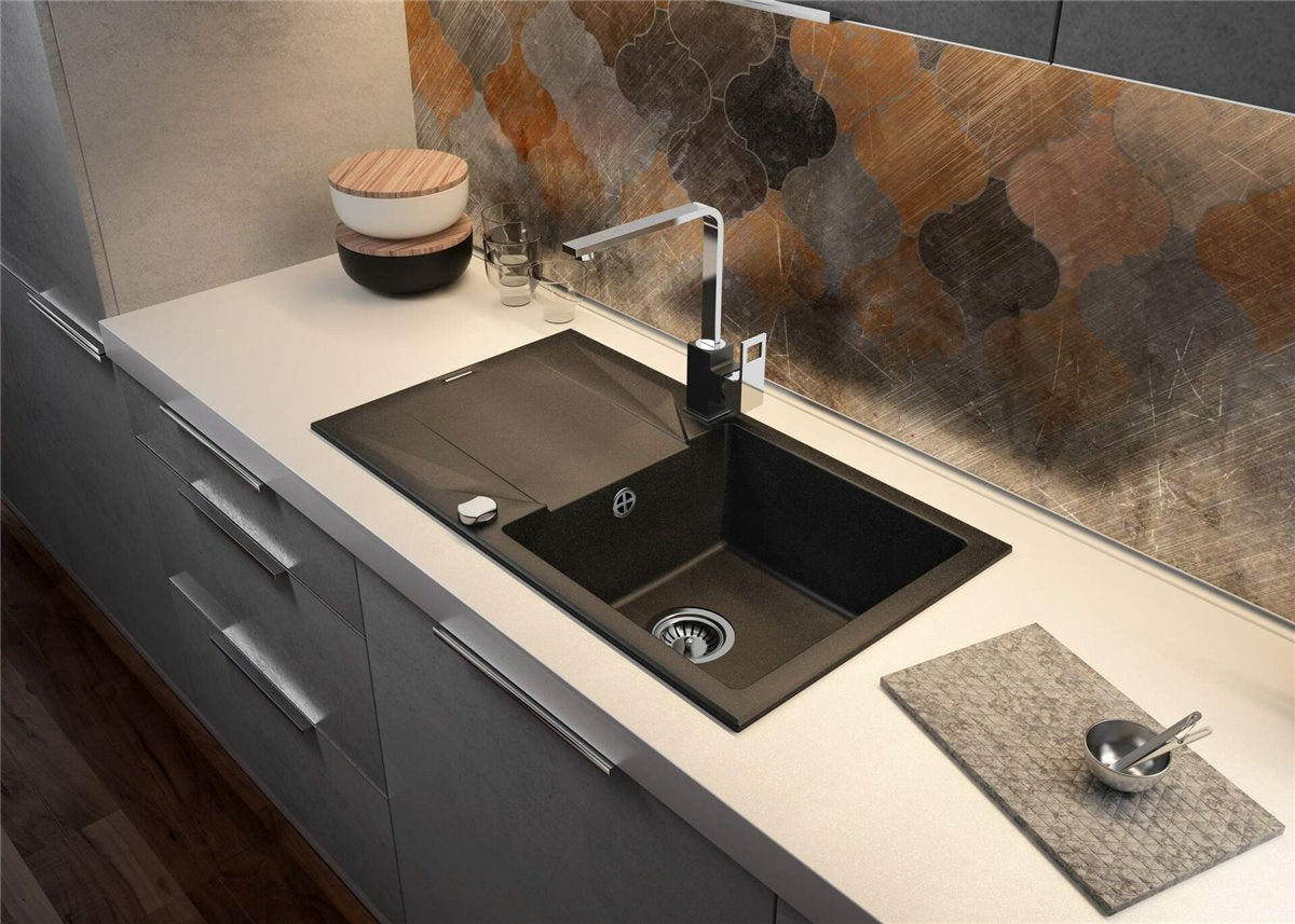 Deante Evora Granitspülbecken, 1-Becken mit Abtropffläche Graphit Metallic