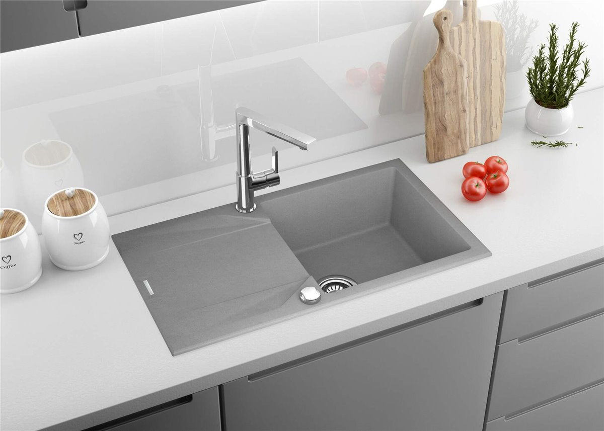 Deante Evora Granitspülbecken, 1-Becken mit Abtropffläche Grau metallic