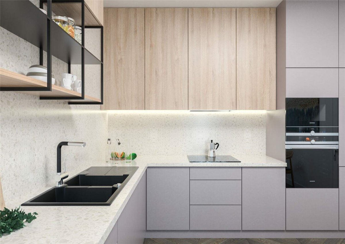 Deante Andante Granitspülbecken, 2-Becken mit Abtropffläche Graphit
