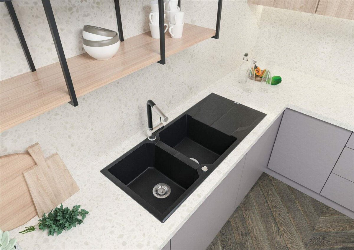 Deante Andante Granitspülbecken, 2-Becken mit Abtropffläche Nero