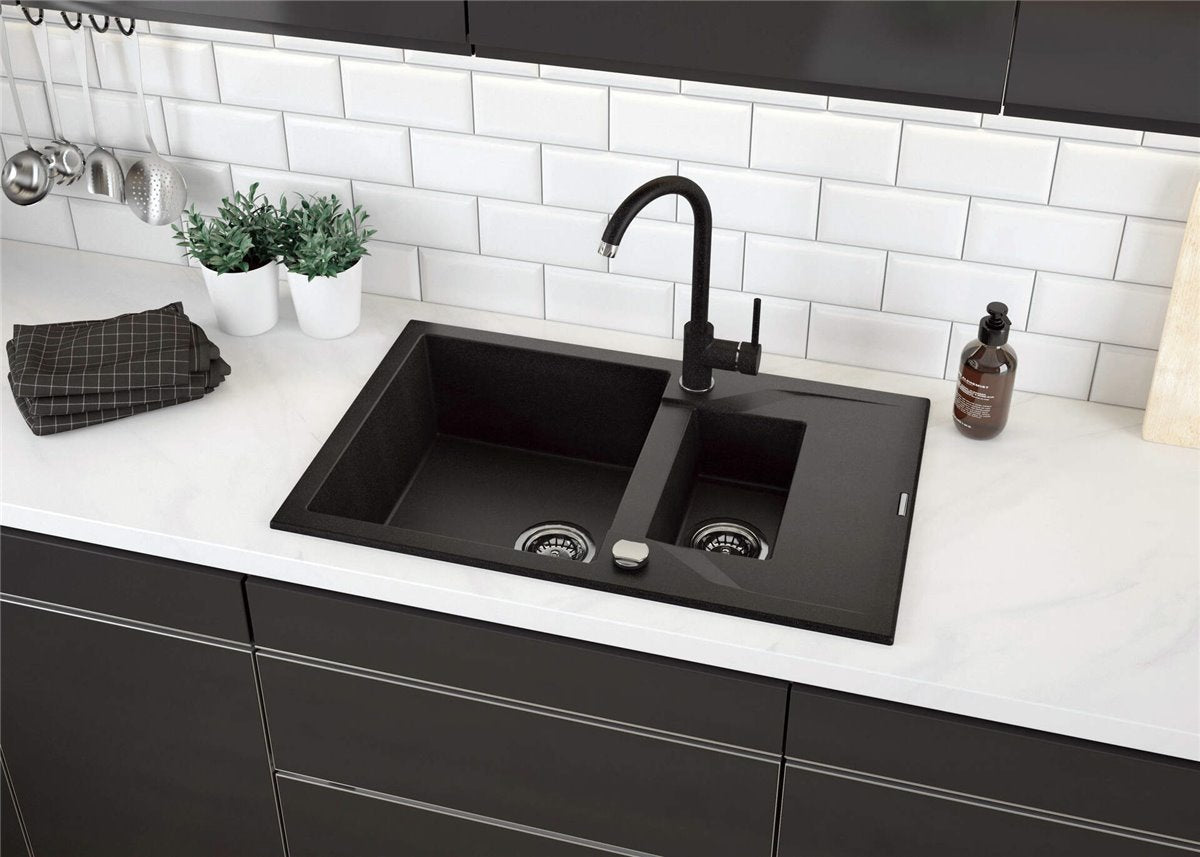 Deante Andante Granitspülbecken, 1.5-Becken mit Abtropffläche Graphit