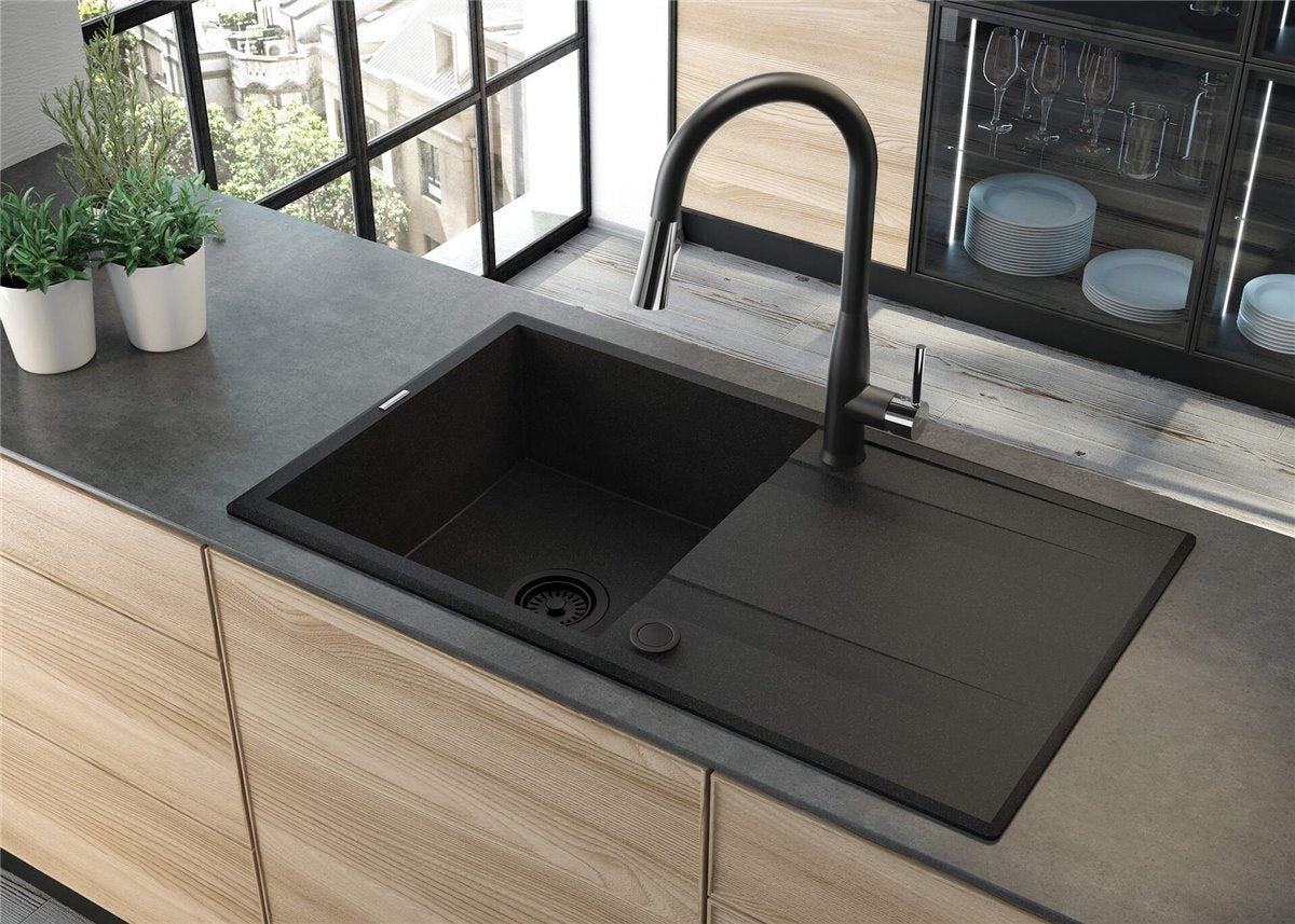 Deante Eridan Granitspülbecken, 1-Becken mit Abtropffläche Graphit Metallic