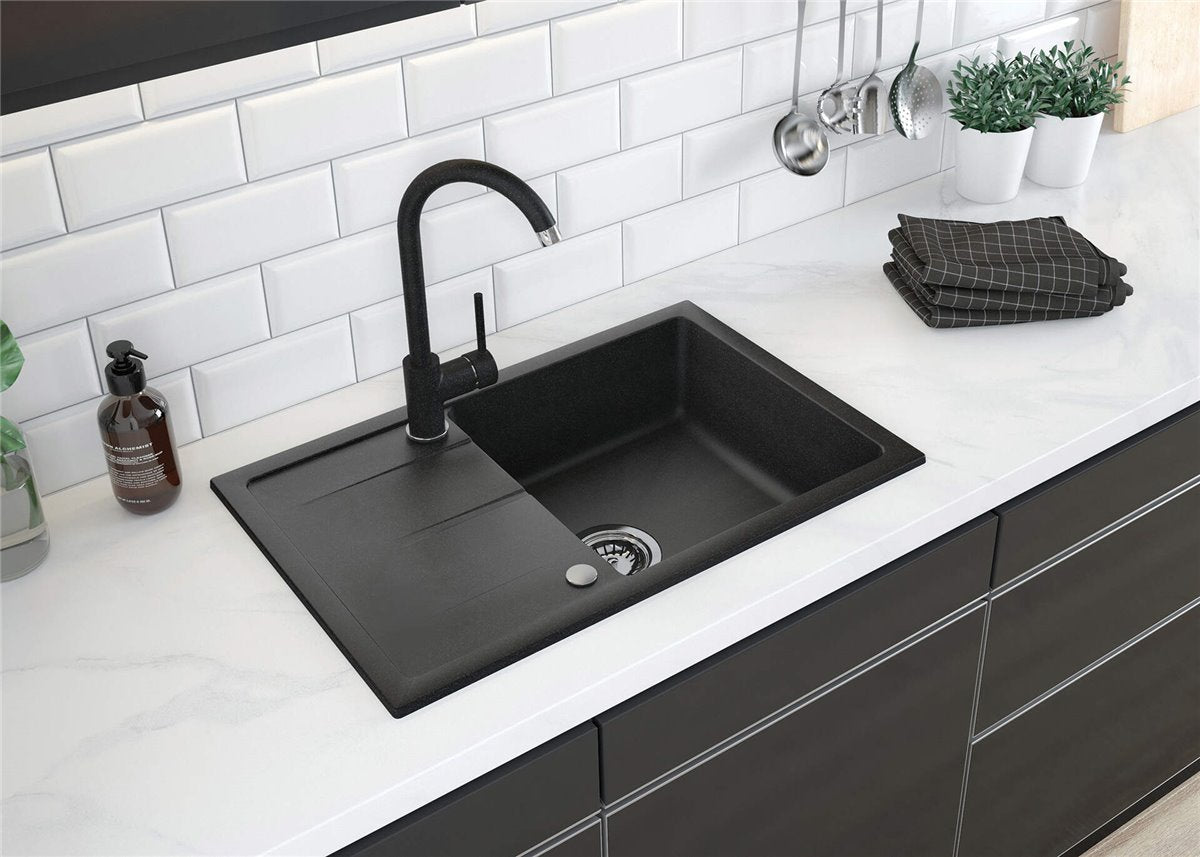 Deante Leda Granitspülbecken mit Armatur, 1-Becken mit Abtropffläche Graphit