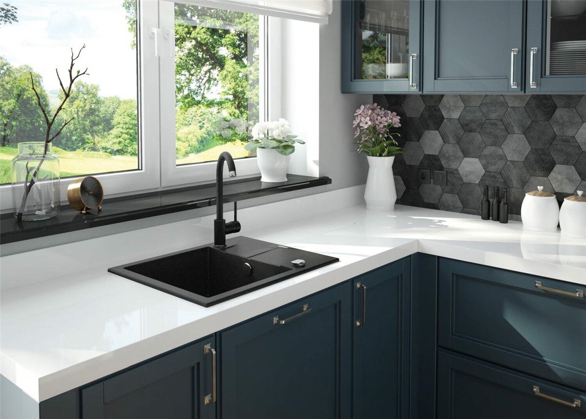 Deante Andante Granitspülbecken, 1-Becken mit Abtropffläche Grau metallic