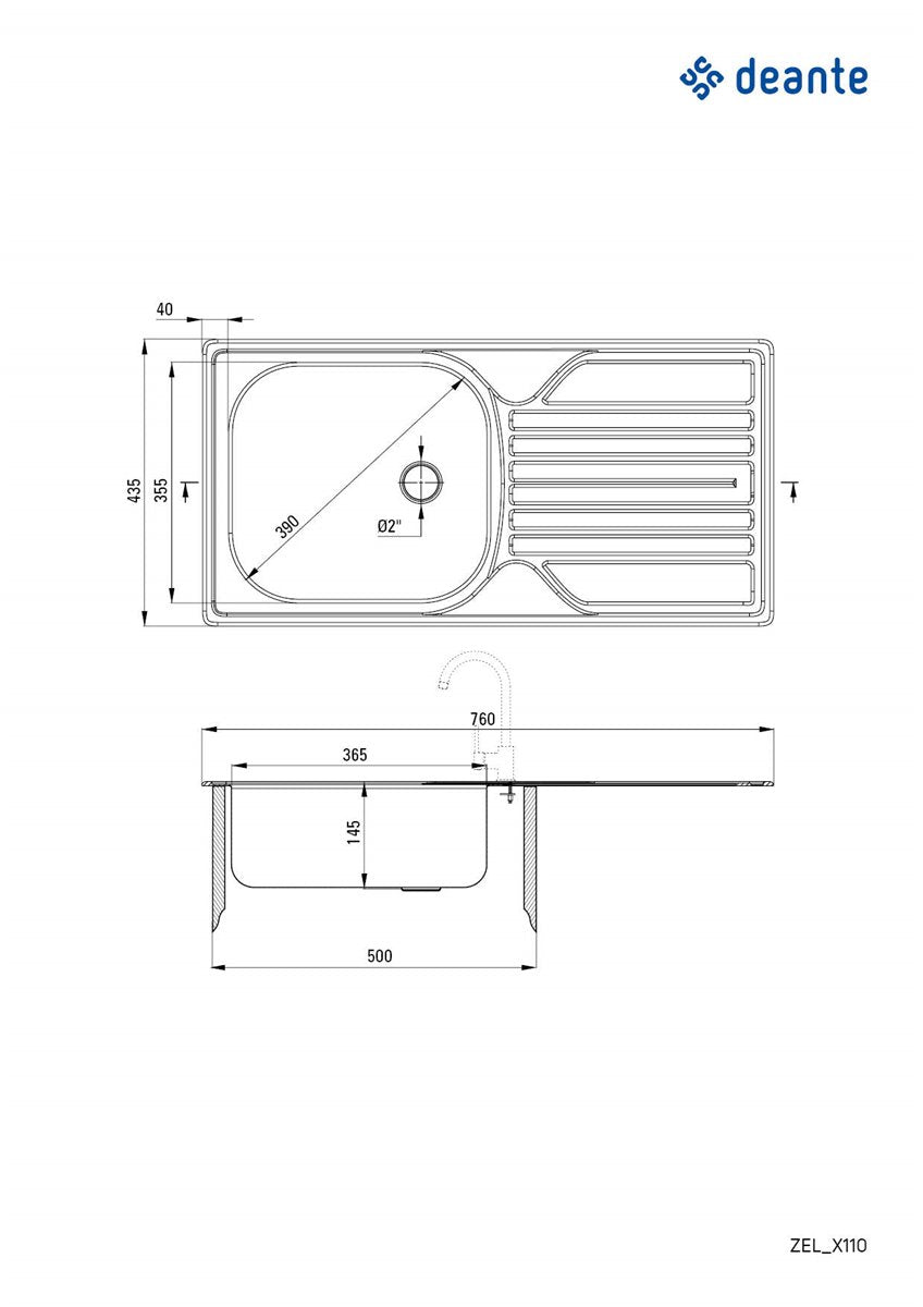 Deante Legato Stahlspülbecken, 1-Becken mit Abtropffläche - 2" Abfluss Satin