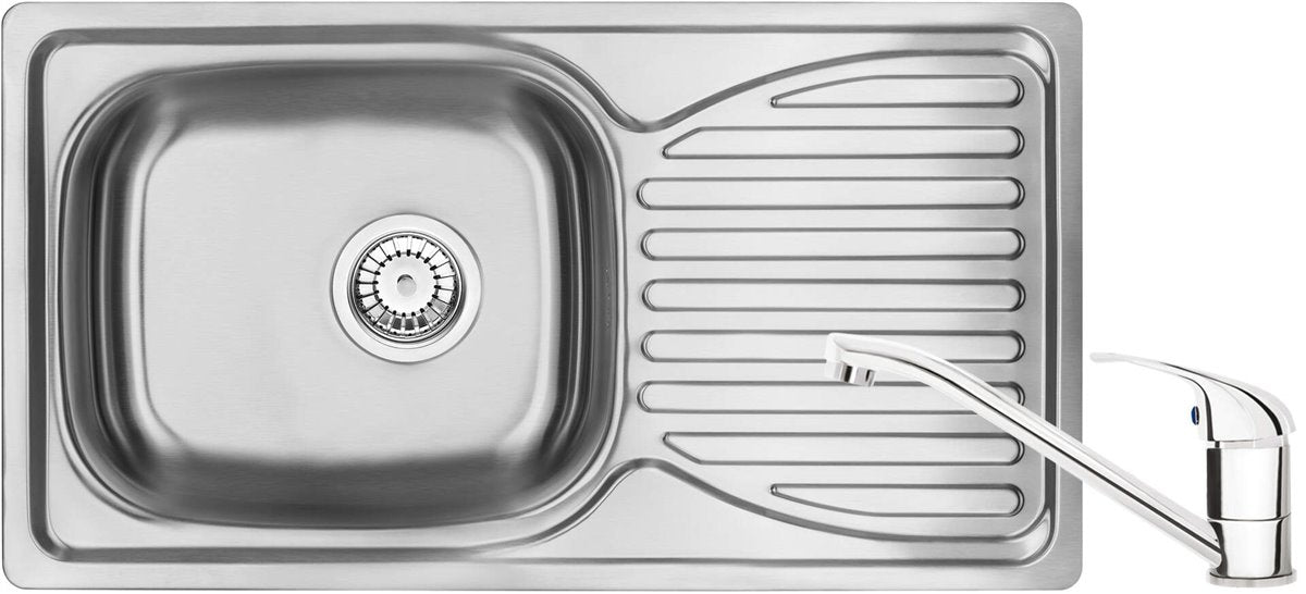 Deante Doppio Stahlspülbecken mit Armatur, 1-Becken mit Abtropffläche Satin