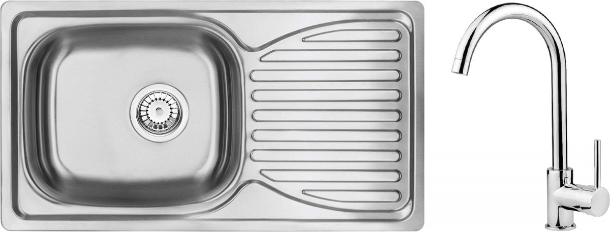 Deante Doppio Stahlspülbecken mit Armatur, 1-Becken mit Abtropffläche Satin