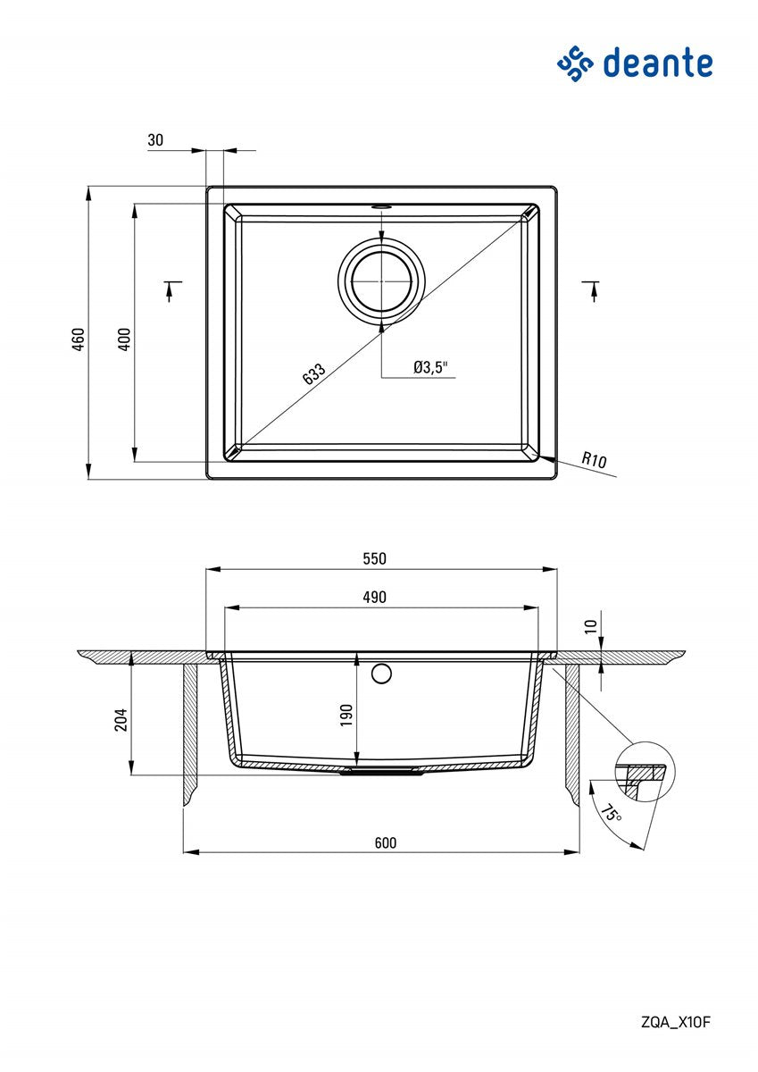 Deante Corda Flush Granitspülbecken, 1-Becken - Flächenbündige Montage Grau metallic