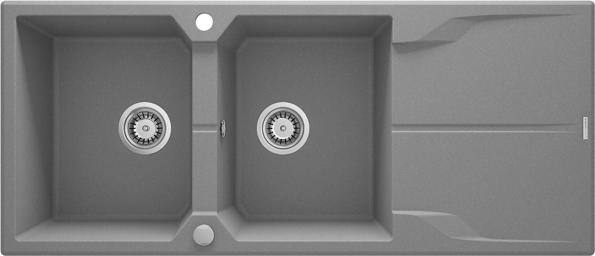 Deante Andante Granitspülbecken, 2-Becken mit Abtropffläche Grau metallic