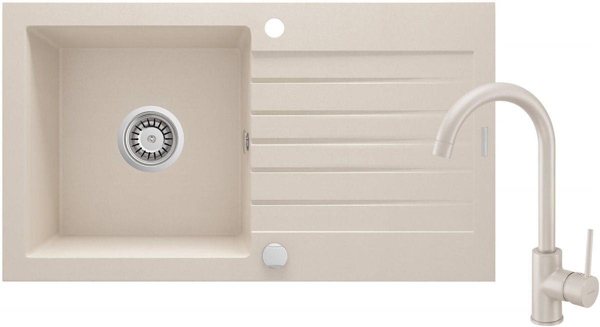 Deante Zorba Granitspülbecken mit Armatur, 1-Becken mit Abtropffläche beige