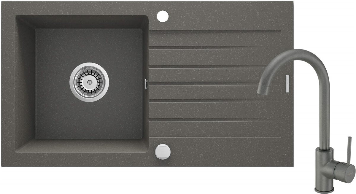 Deante Zorba Granitspülbecken mit Armatur, 1-Becken mit Abtropffläche Anthrazit metallic