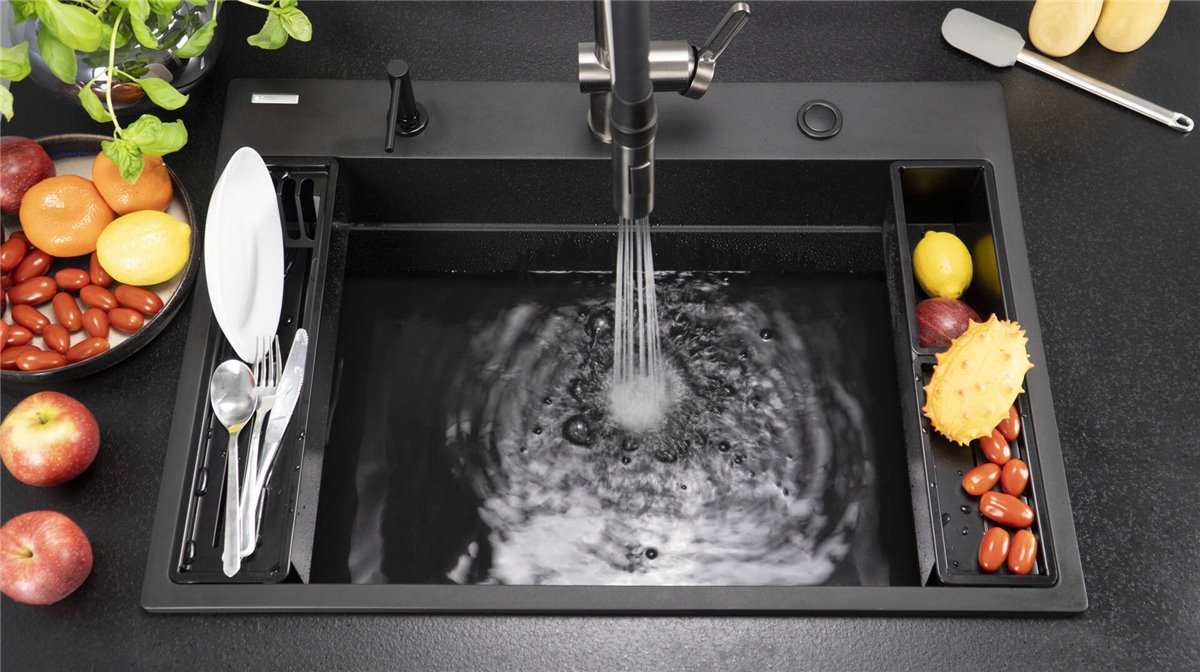 Deante Magnetic Magnetic-Granitspülbecken, 1-Becken Nero