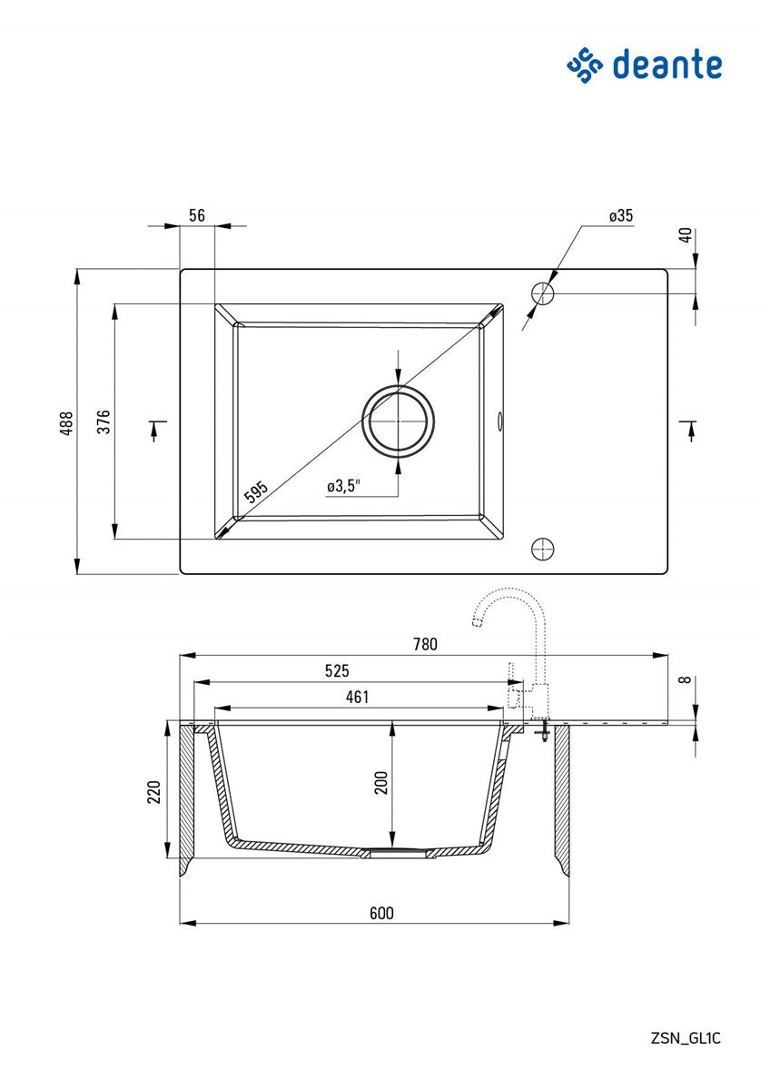 Deante Andante Glass Glas-Granit-Spüle, 1-Becken mit Abtropffläche Grafik, Graphit metallic