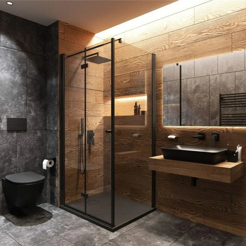 Bad in Holz- und Steinoptik mit Duschkabine, Wand-WC und Aufsatzwaschbecken