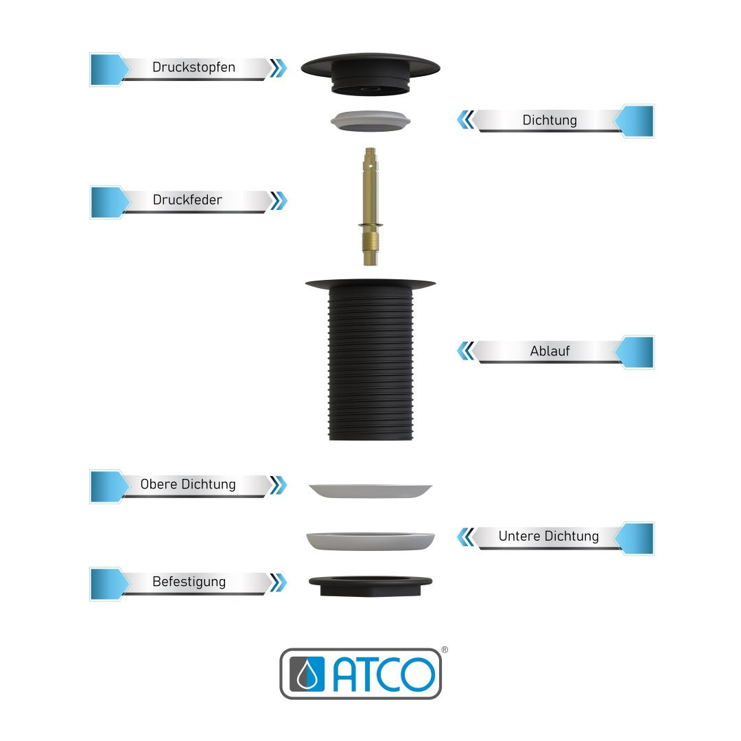 ATCO Pop-Up Ablaufventil Push-Up Ablaufgarnitur Waschbecken ohne Überlauf div. Farben